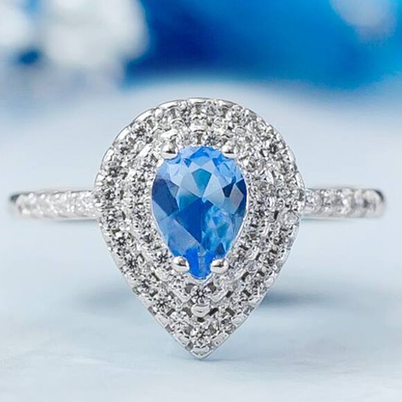 Blue Topaz Pear Gemstone ring, Solid 925 Sterling Silver Charmed Aroma - Picture 1 of 8